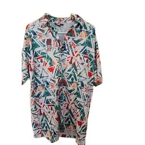 Lofty Llama Mens M Geometric Floral All Over Print Loud Golf Polo Shirt Stretch